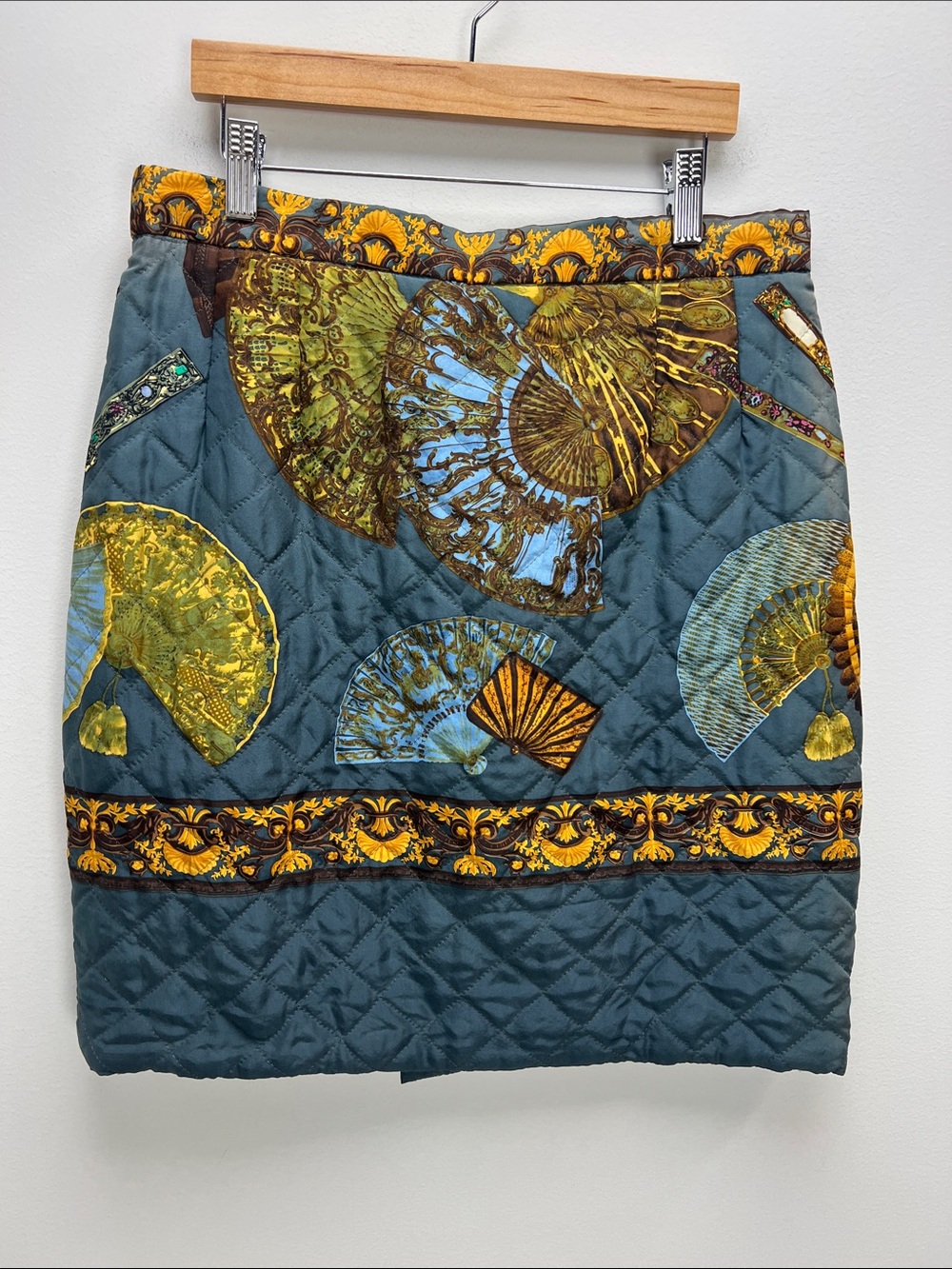 Vintage Renato Nucci Silk Mini Skirt Quilted Baroque Blue Gold Old Money US 12